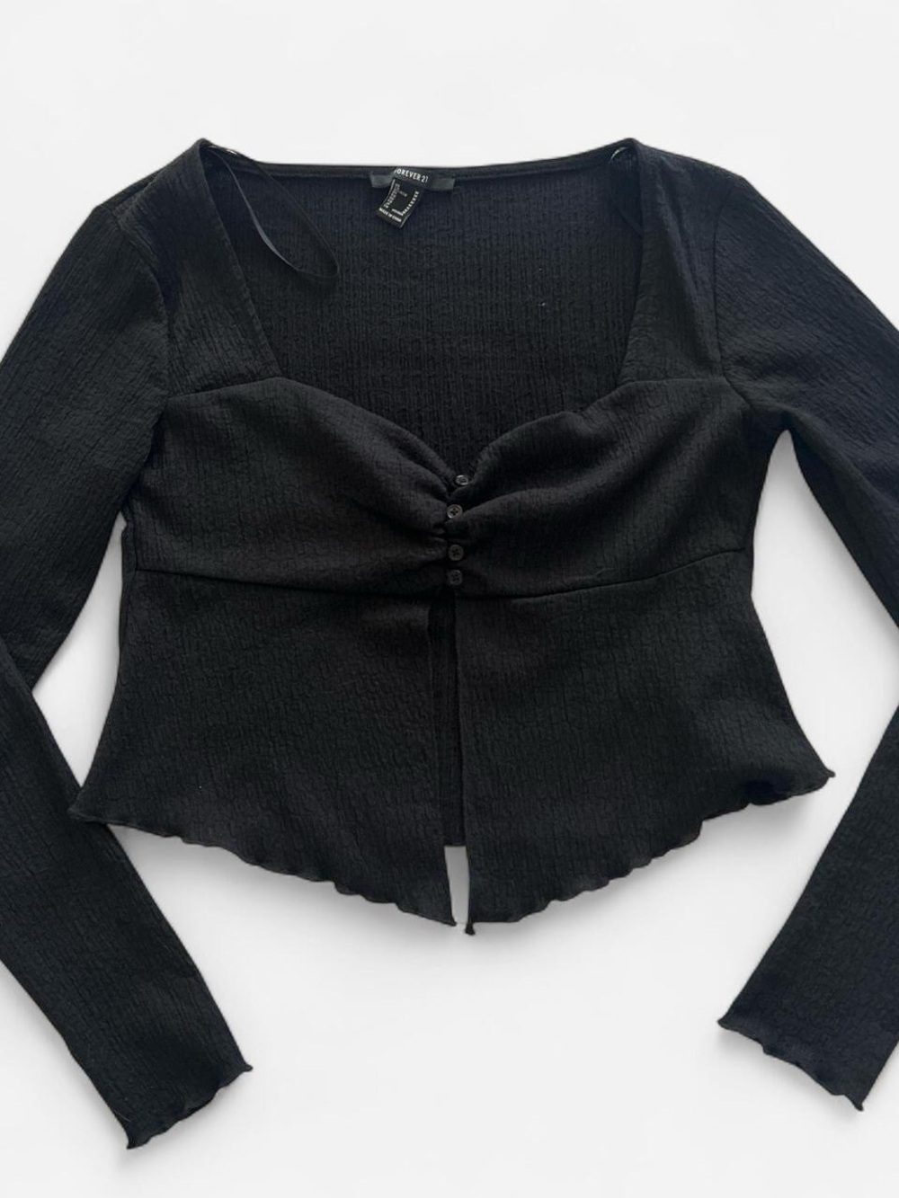 Forever 21 Black Ribbed Long-Sleeve Sweetheart Button Top